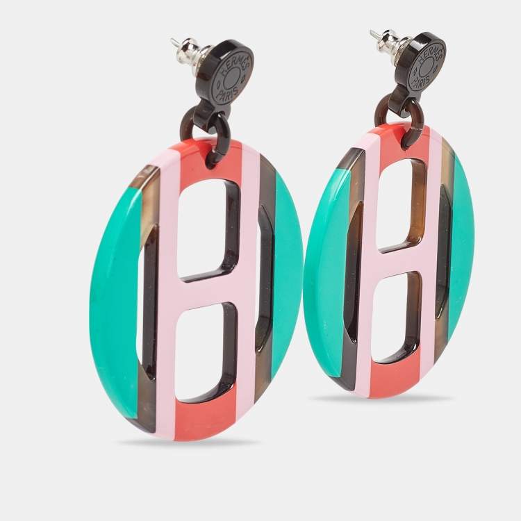 Pre Owned Hermès  Multicolor Horn & Lacquer H Equipe Earrings