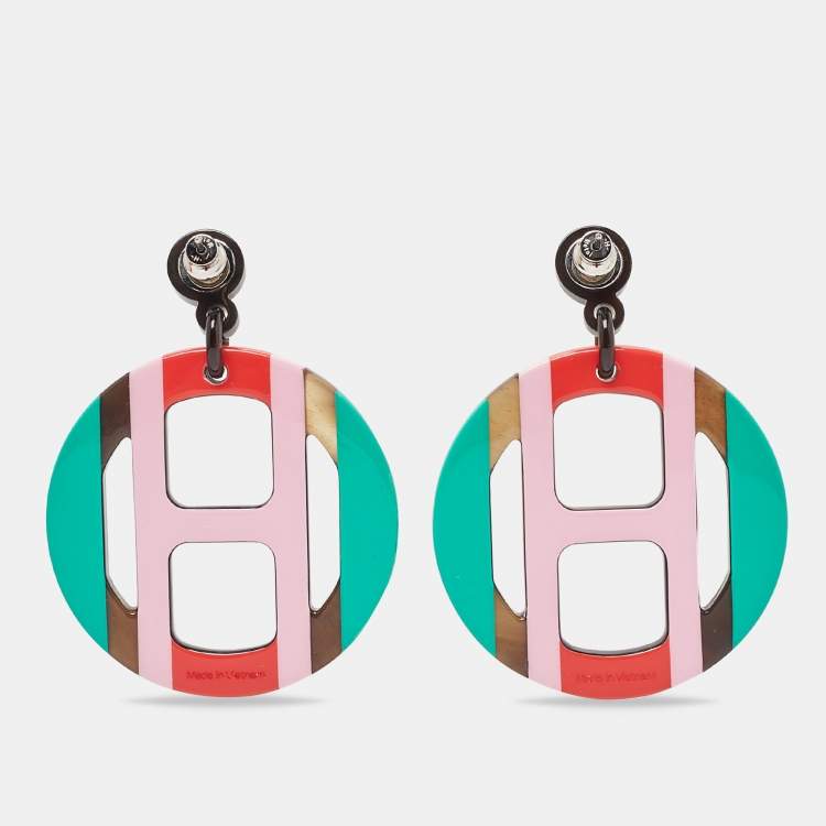 Pre Owned Hermès  Multicolor Horn & Lacquer H Equipe Earrings