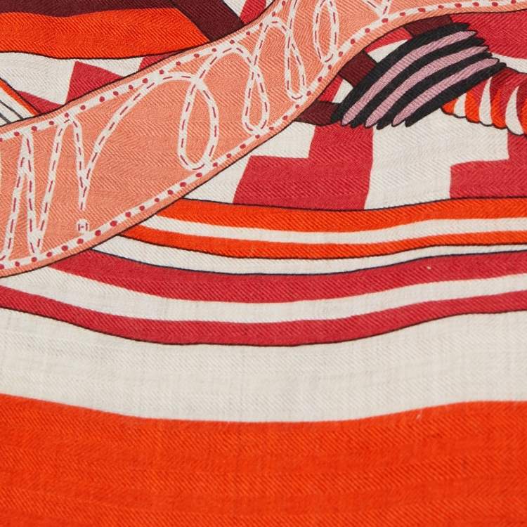 Pre Owned Hermes Orange Print Cashmere Blend La Selle Imaginaire Giant Shawl