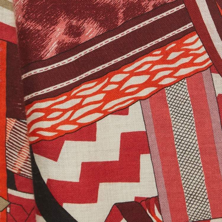 Pre Owned Hermes Orange Print Cashmere Blend La Selle Imaginaire Giant Shawl