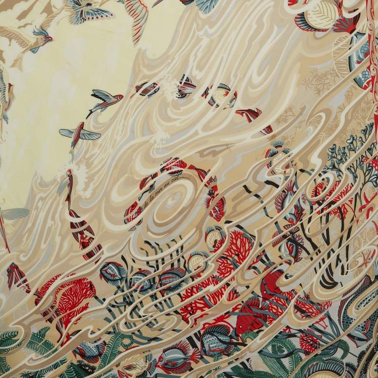 Pre Owned Hermes Cream De la Mer Au Ciel Silk Square Scarf