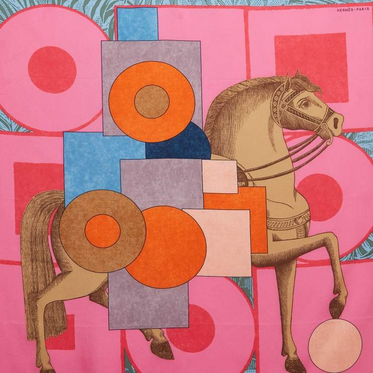 Pre Owned Hermès Rose Vif/Bleu Cavalier en Formes Silk Scarf
