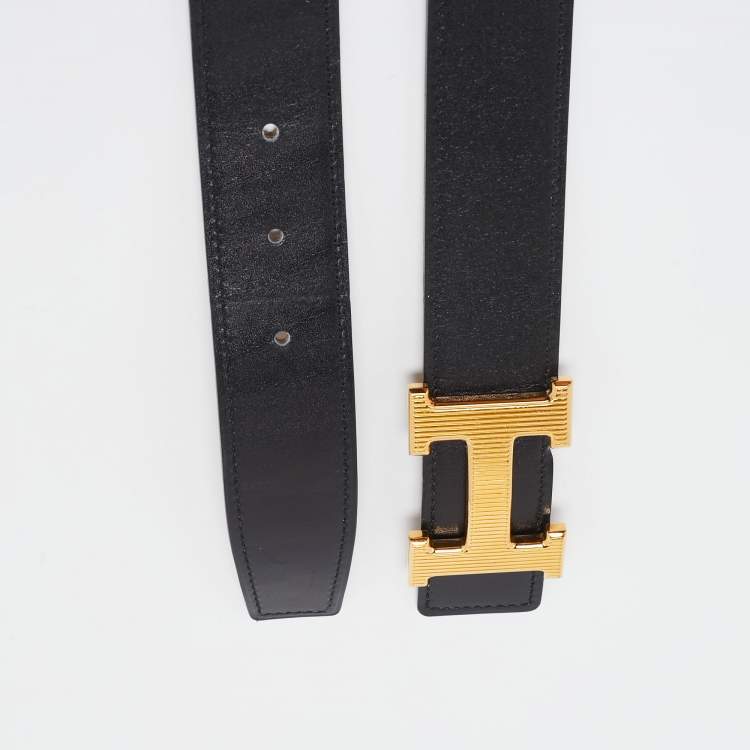 Pre Owned Hermes Black/Brown Box Calf And Togo H Strie Buckle Reversible Belt 90 CM