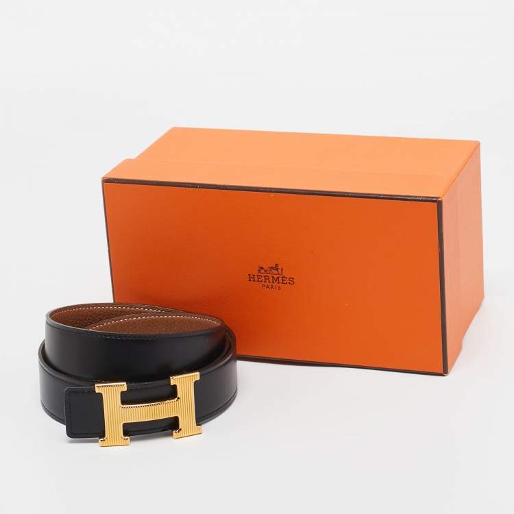 Pre Owned Hermes Black/Brown Box Calf And Togo H Strie Buckle Reversible Belt 90 CM