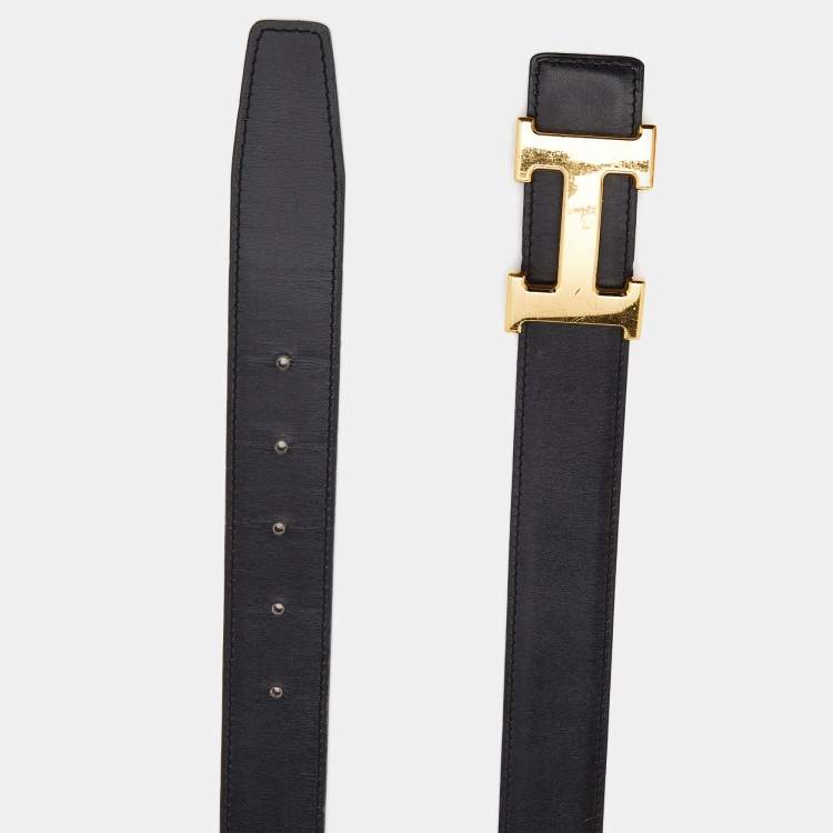 Pre Owned Hermes Black/Fauve Barenia/Box Leather H Buckle Reversible Belt 100CM