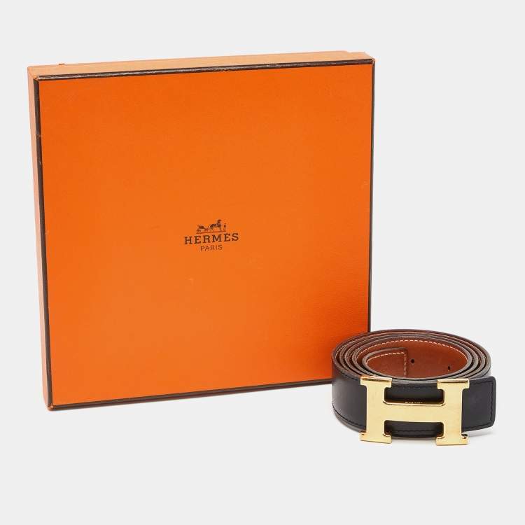 Pre Owned Hermes Black/Fauve Barenia/Box Leather H Buckle Reversible Belt 100CM
