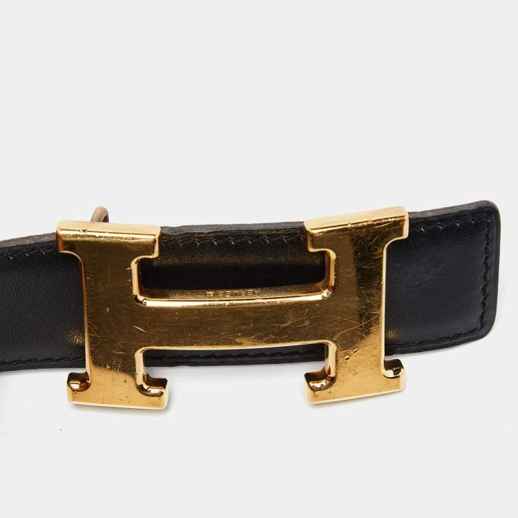 Pre Owned Hermes Black/Fauve Barenia/Box Leather H Buckle Reversible Belt 100CM