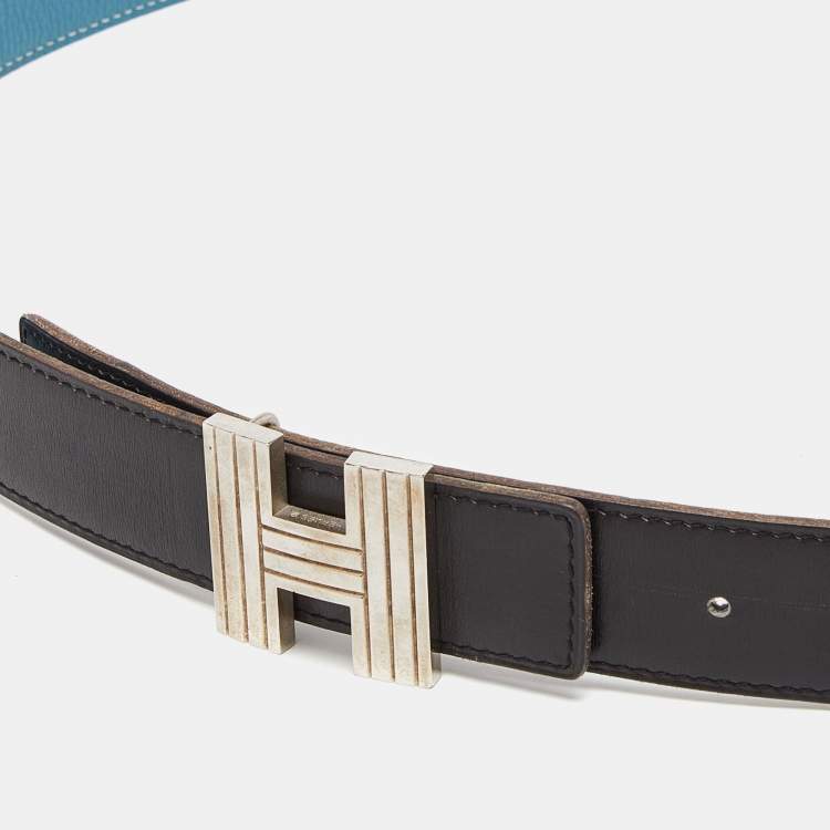 Pre Owned Hermes Black/Bleu Jean Box/Togo Leather Cadena H Reversible Belt 110CM