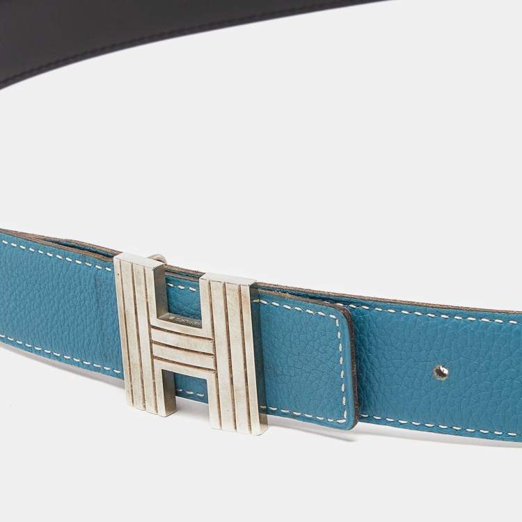Pre Owned Hermes Black/Bleu Jean Box/Togo Leather Cadena H Reversible Belt 110CM
