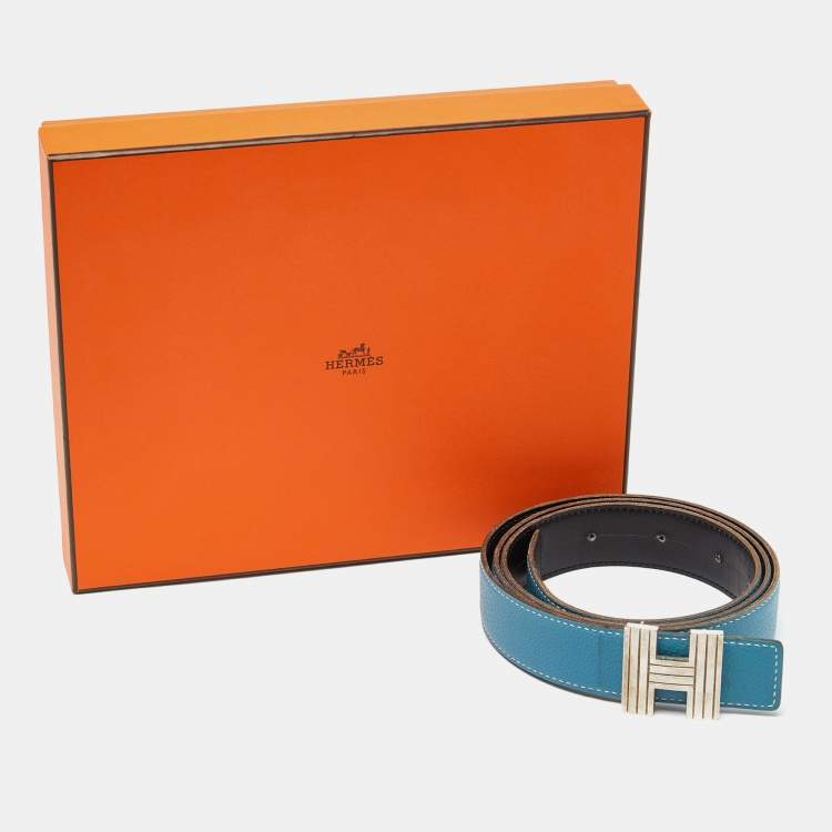 Pre Owned Hermes Black/Bleu Jean Box/Togo Leather Cadena H Reversible Belt 110CM