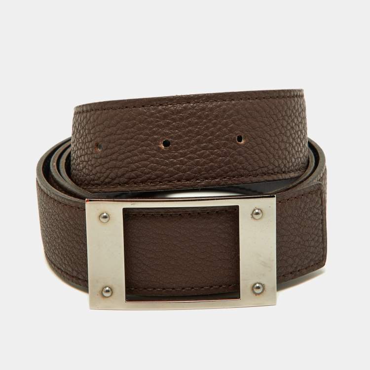Pre Owned Hermes Black/Chocolat Box and Togo Leather Buckle Reversible Belt 85CM