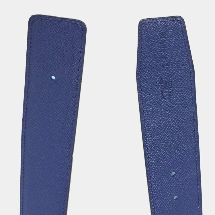 Pre Owned Hermes Blue Saphir/Izmir Epsom and Tadelakt Leather Reversible Belt Strap Size 100CM