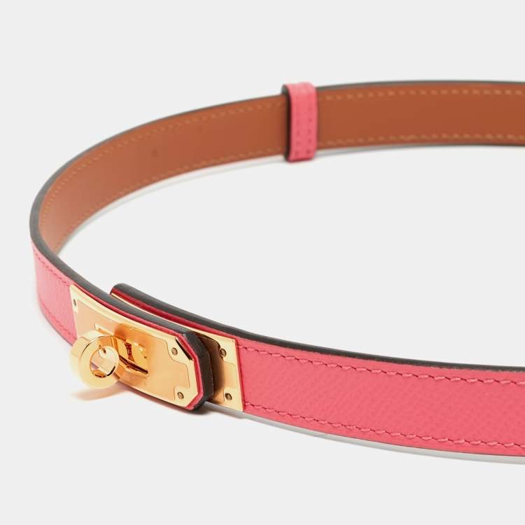 Pre Owned Hermès Rose Azalee Epsom Leather Gold Tone Finish Kelly 18 Adjustable Belt 