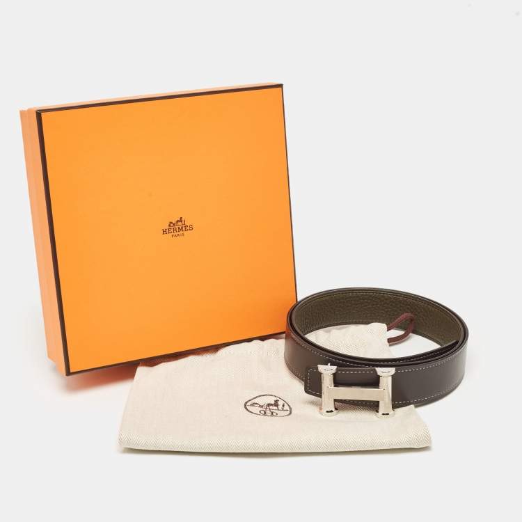 Pre Owned Hermes Graphite/Vert De Gris Chamonix and Togo Leather Agora Buckle Belt 80 CM