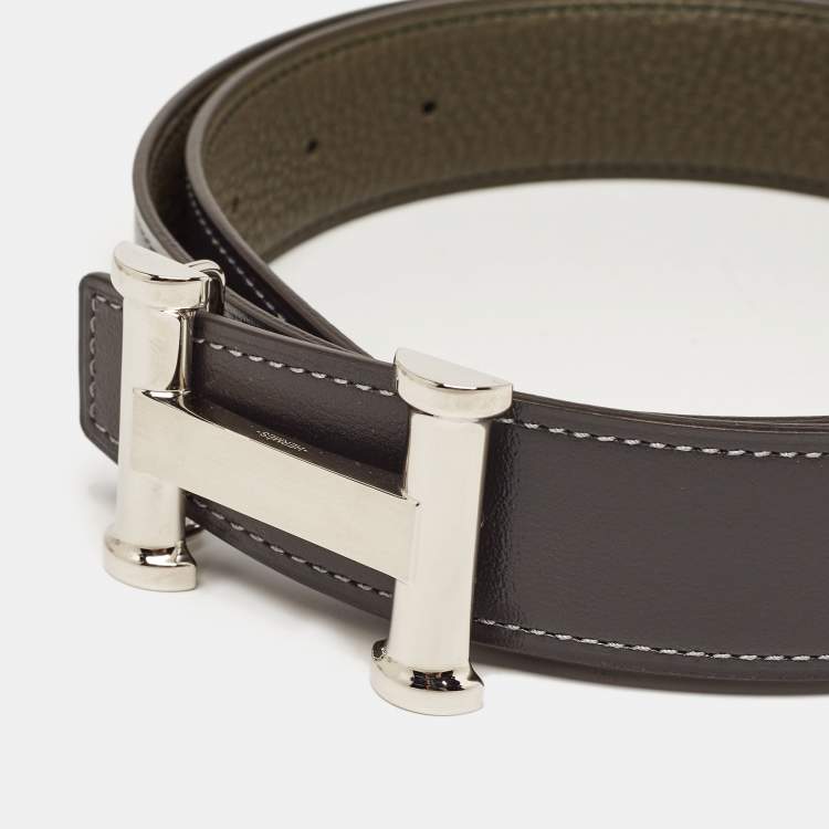 Pre Owned Hermes Graphite/Vert De Gris Chamonix and Togo Leather Agora Buckle Belt 80 CM