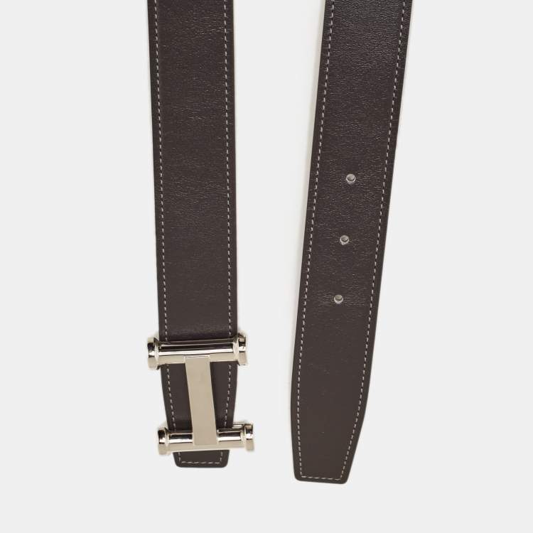 Pre Owned Hermes Graphite/Vert De Gris Chamonix and Togo Leather Agora Buckle Belt 80 CM