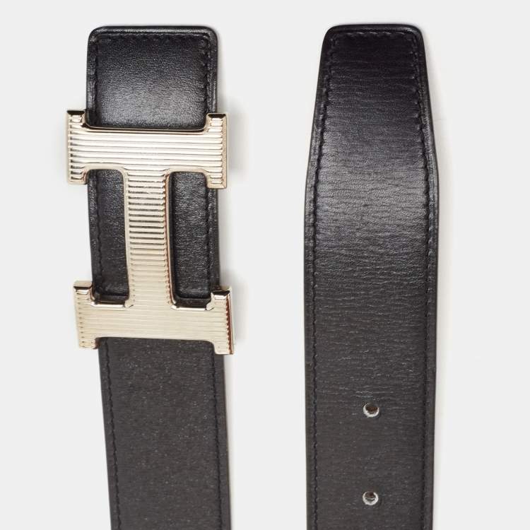 Pre Owned Hermes Noir/Chocolat Chamonix and Togo Leather H Striee Buckle Reversible Belt 85 CM