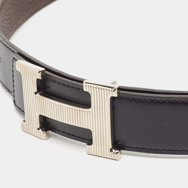 Pre Owned Hermes Noir/Chocolat Chamonix and Togo Leather H Striee Buckle Reversible Belt 85 CM