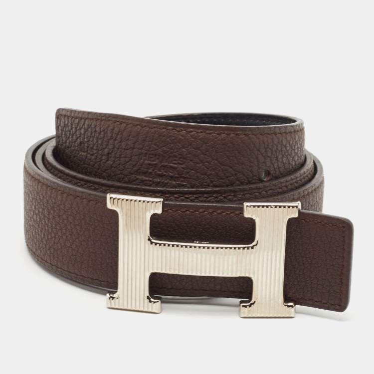 Pre Owned Hermes Noir/Chocolat Chamonix and Togo Leather H Striee Buckle Reversible Belt 85 CM