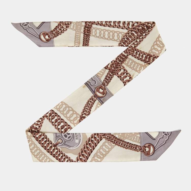 Pre Owned Hermes Beige Maillons Silk Twilly Scarf