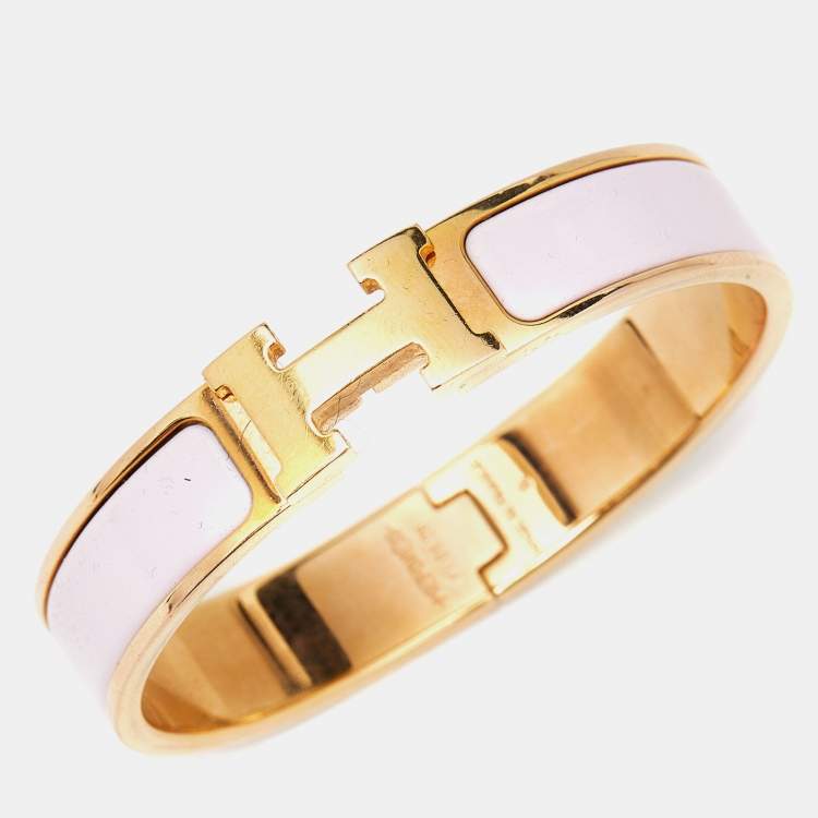 Pre Owned Hermes Clic H Pink Enamel Gold Plated Bracelet