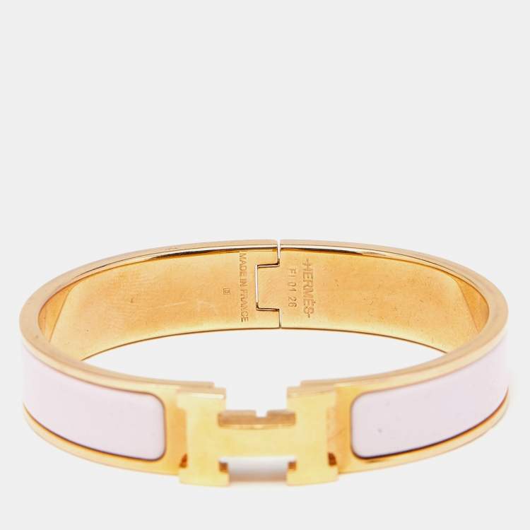 Pre Owned Hermes Clic H Pink Enamel Gold Plated Bracelet
