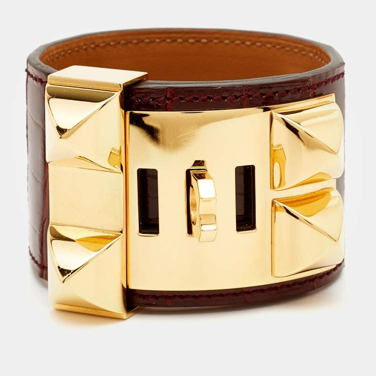 Pre Owned Hermes Collier De Chien Alligator Leather Gold Plated Bracelet