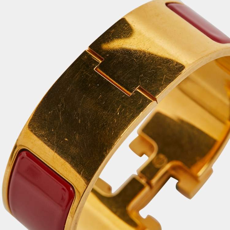 Pre Owned Hermès Clic Clac H Enamel Gold Plated Wide Bracelet