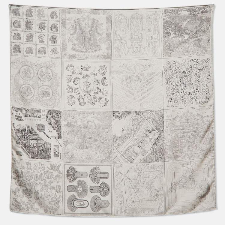 Pre Owned Hermes Grey Silk Double Sided 16 Carres Square Scarf