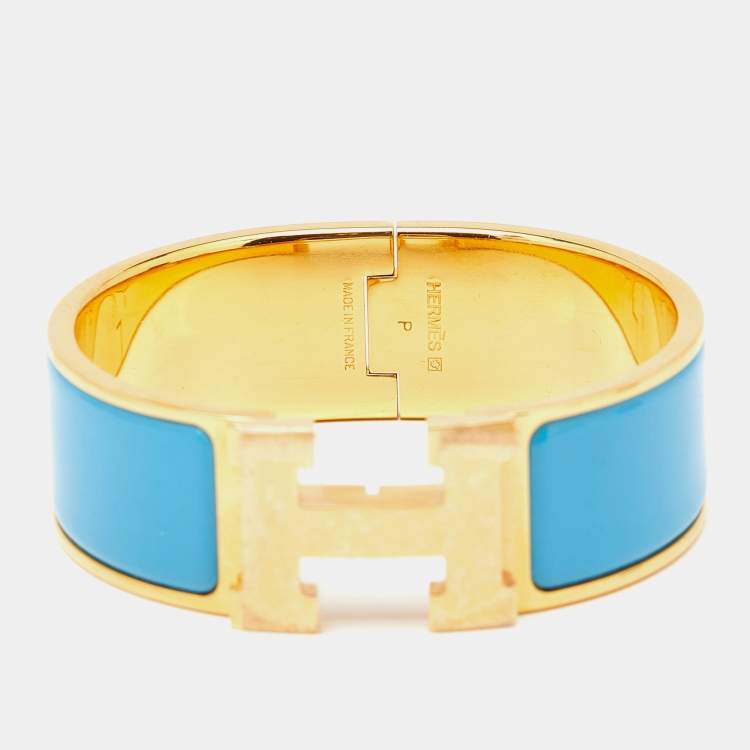 Pre Owned Hermès Clic Clac H Blue Enamel Gold Plated Bracelet
