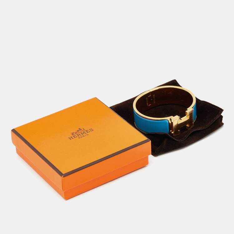 Pre Owned Hermès Clic Clac H Blue Enamel Gold Plated Bracelet