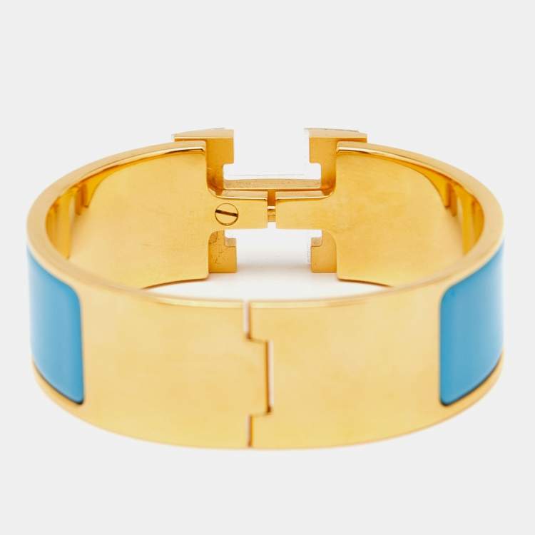 Pre Owned Hermès Clic Clac H Blue Enamel Gold Plated Bracelet