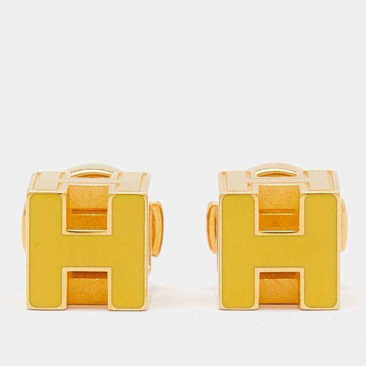 Pre Owned Hermès Cage d'H Yellow Lacquer Gold Plated Stud Earrings