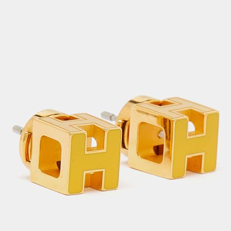 Pre Owned Hermès Cage d'H Yellow Lacquer Gold Plated Stud Earrings