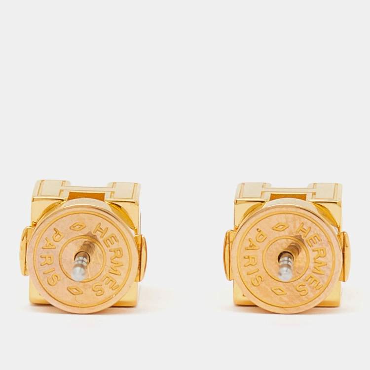 Pre Owned Hermès Cage d'H Yellow Lacquer Gold Plated Stud Earrings