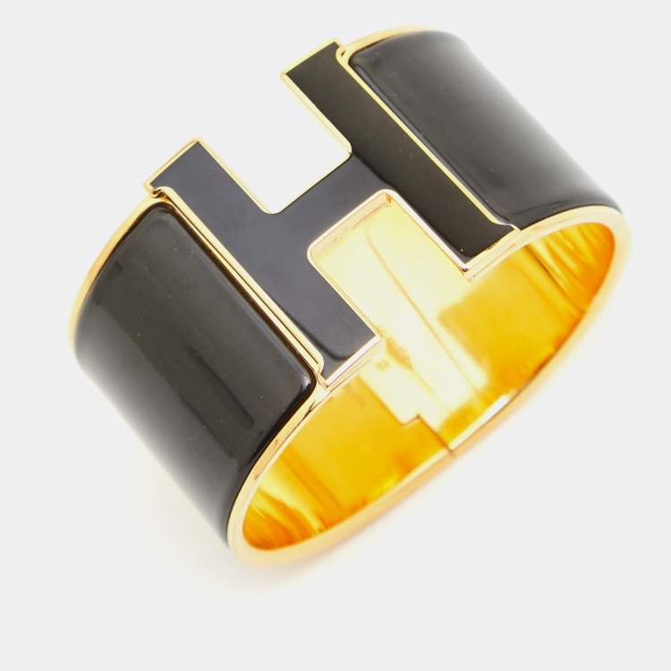 Pre Owned Hermes Clic Clac H Enamel Gold Plated Extra Wide Bracelet