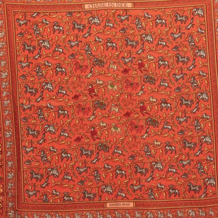 Pre Owned Hermes Orange Cashmere and Silk Chasse En Inde Scarf
