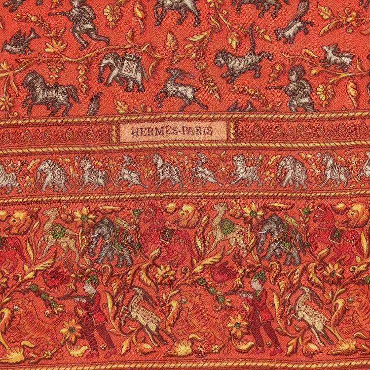 Pre Owned Hermes Orange Cashmere and Silk Chasse En Inde Scarf