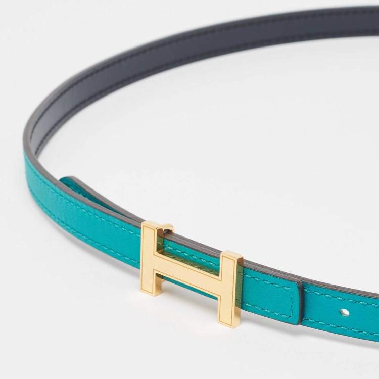 Pre Owned Hermes Vert Verone/Bleu Swift Leather Focus Buckle Reversible Belt 75 CM
