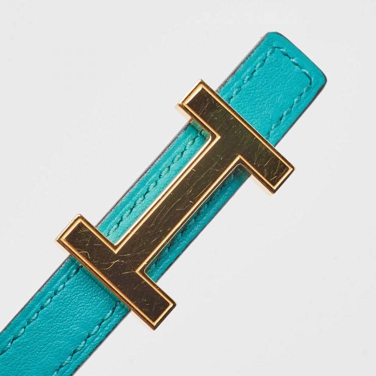 Pre Owned Hermes Vert Verone/Bleu Swift Leather Focus Buckle Reversible Belt 75 CM