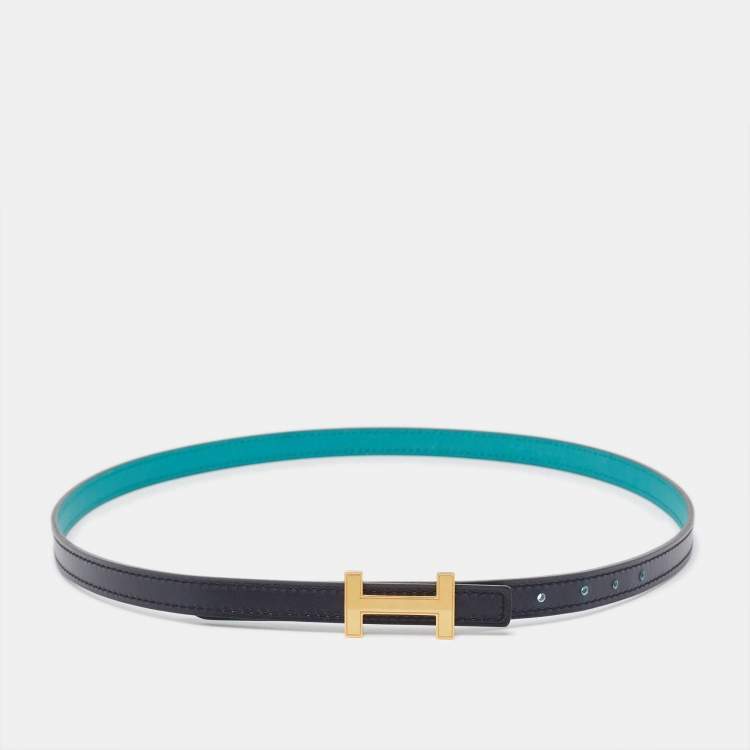 Pre Owned Hermes Vert Verone/Bleu Swift Leather Focus Buckle Reversible Belt 75 CM