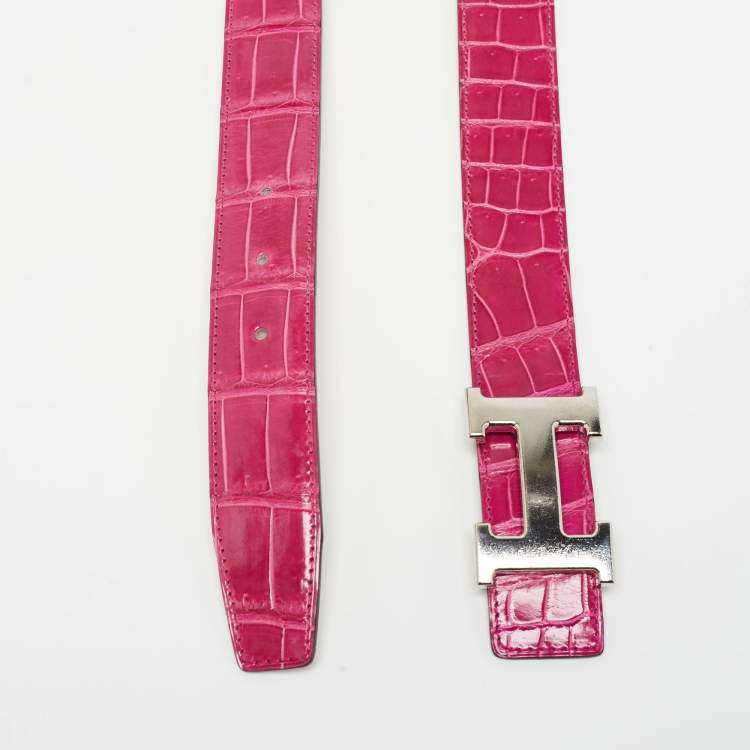 Pre Owned Hermes Rose Scheherazade Crocodile Porosus H Buckle Belt 95 CM