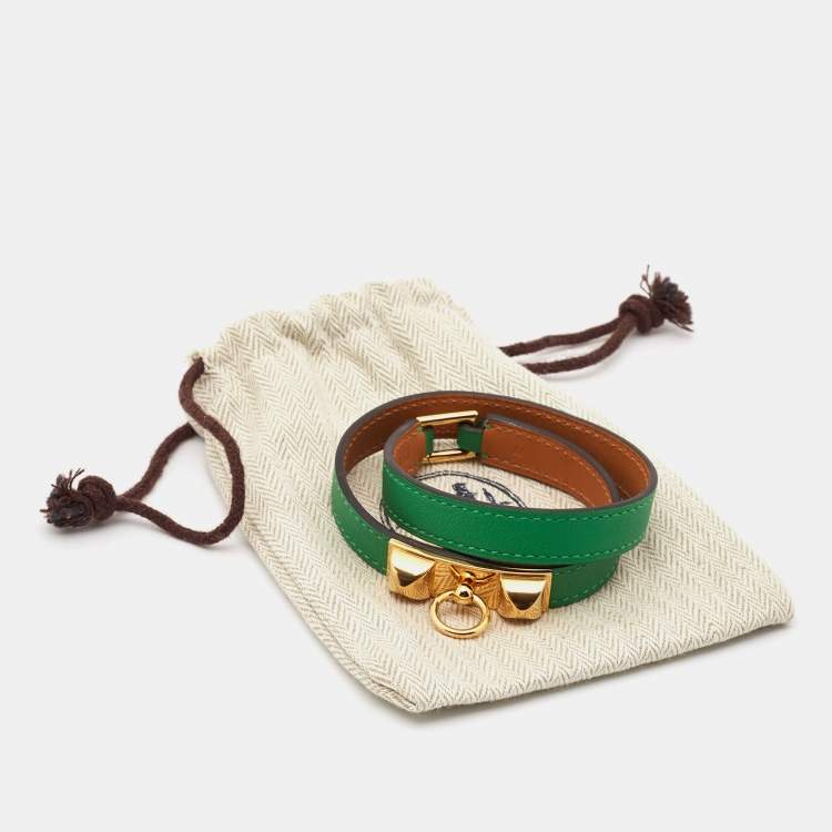 Pre Owned Hermès  Rivale Double Tour Leather Gold Plated Bracelet M