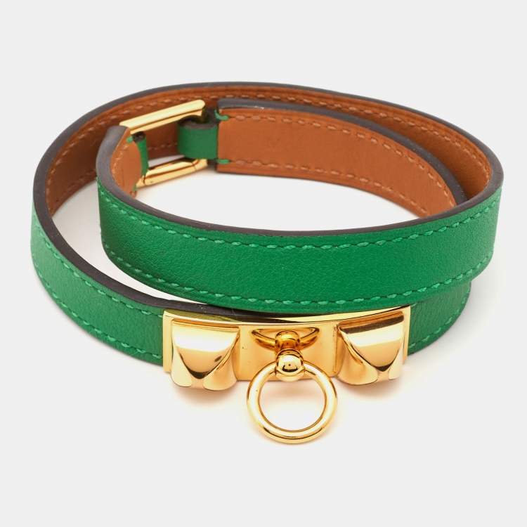 Pre Owned Hermès  Rivale Double Tour Leather Gold Plated Bracelet M