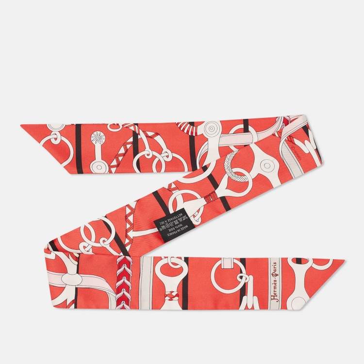 Pre Owned Hermes Red Print Silk Panoplie Equestre Twilly