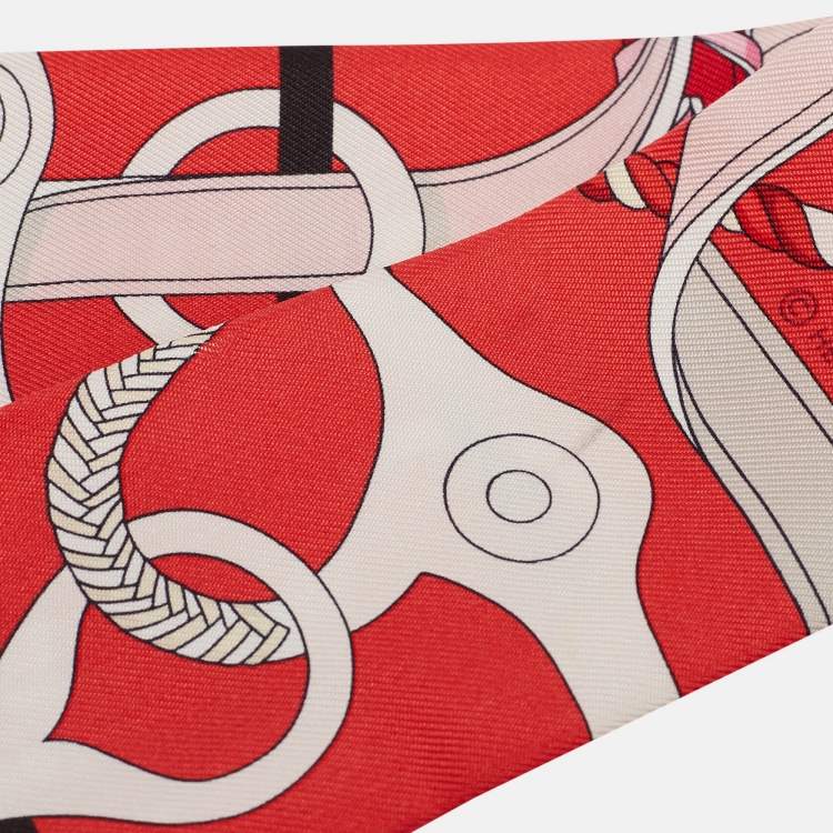 Pre Owned Hermes Red Print Silk Panoplie Equestre Twilly