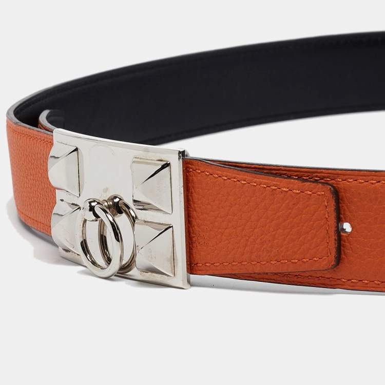 Pre Owned Hermes Orange/Black Togo and Chamonix Collier de Chien Belt 95CM