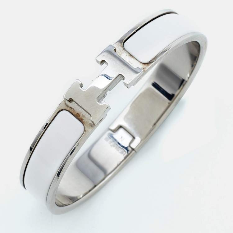 Pre Owned Hermès Clic H White Enamel Palladium Plated Narrow Bracelet 