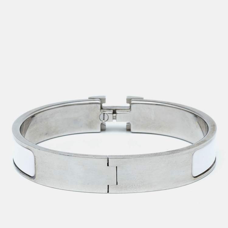 Pre Owned Hermès Clic H White Enamel Palladium Plated Narrow Bracelet 