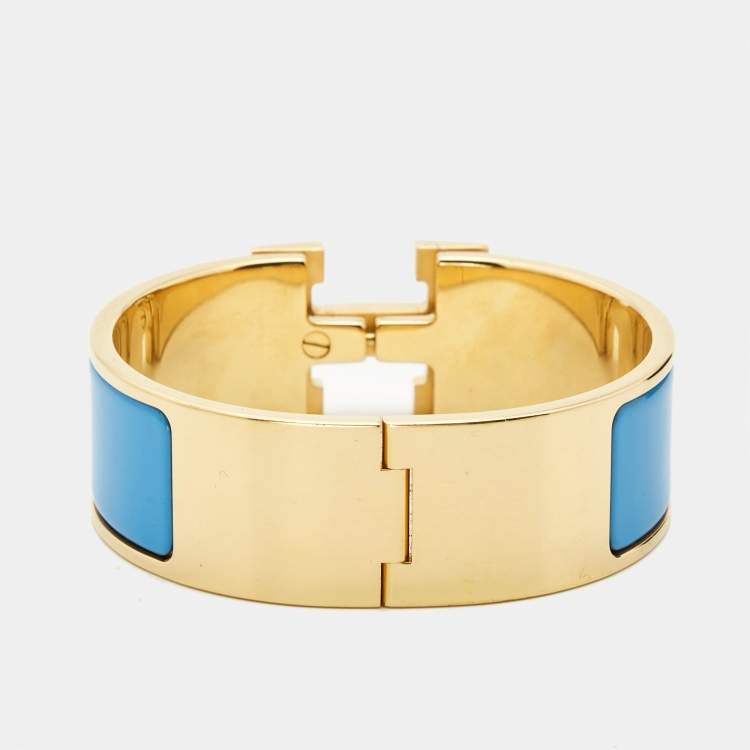 Pre Owned Hermes Clic Clac H Blue Enamel Gold Plated Bracelet